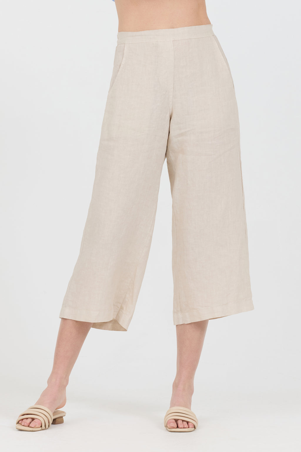 Wide Leg Cropped Linen Pants - Oatmeal