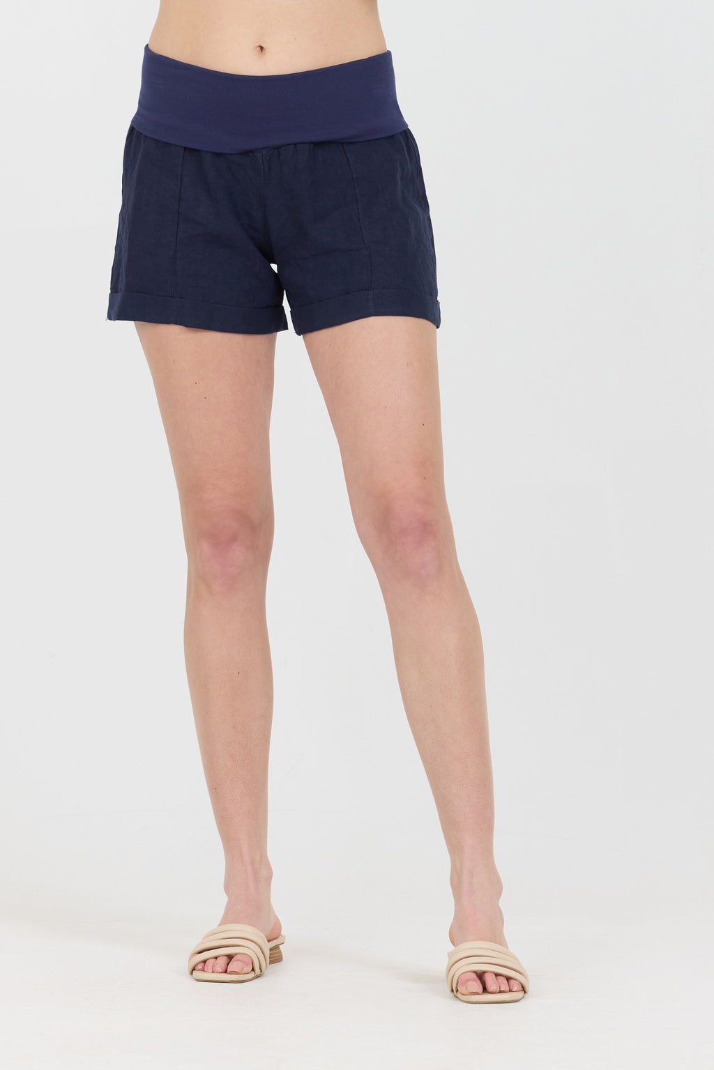 Linen Foldover Shorts - Navy