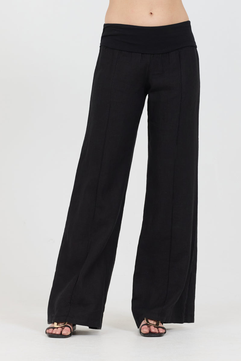 Wide Leg Cropped Linen Pants - Black