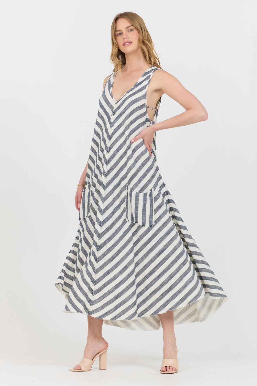 Striped Gauze V-Neck Dress - Cream