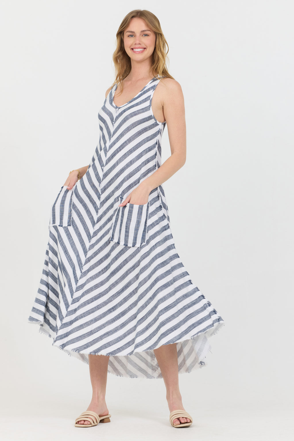 Striped Gauze V-Neck Dress - White