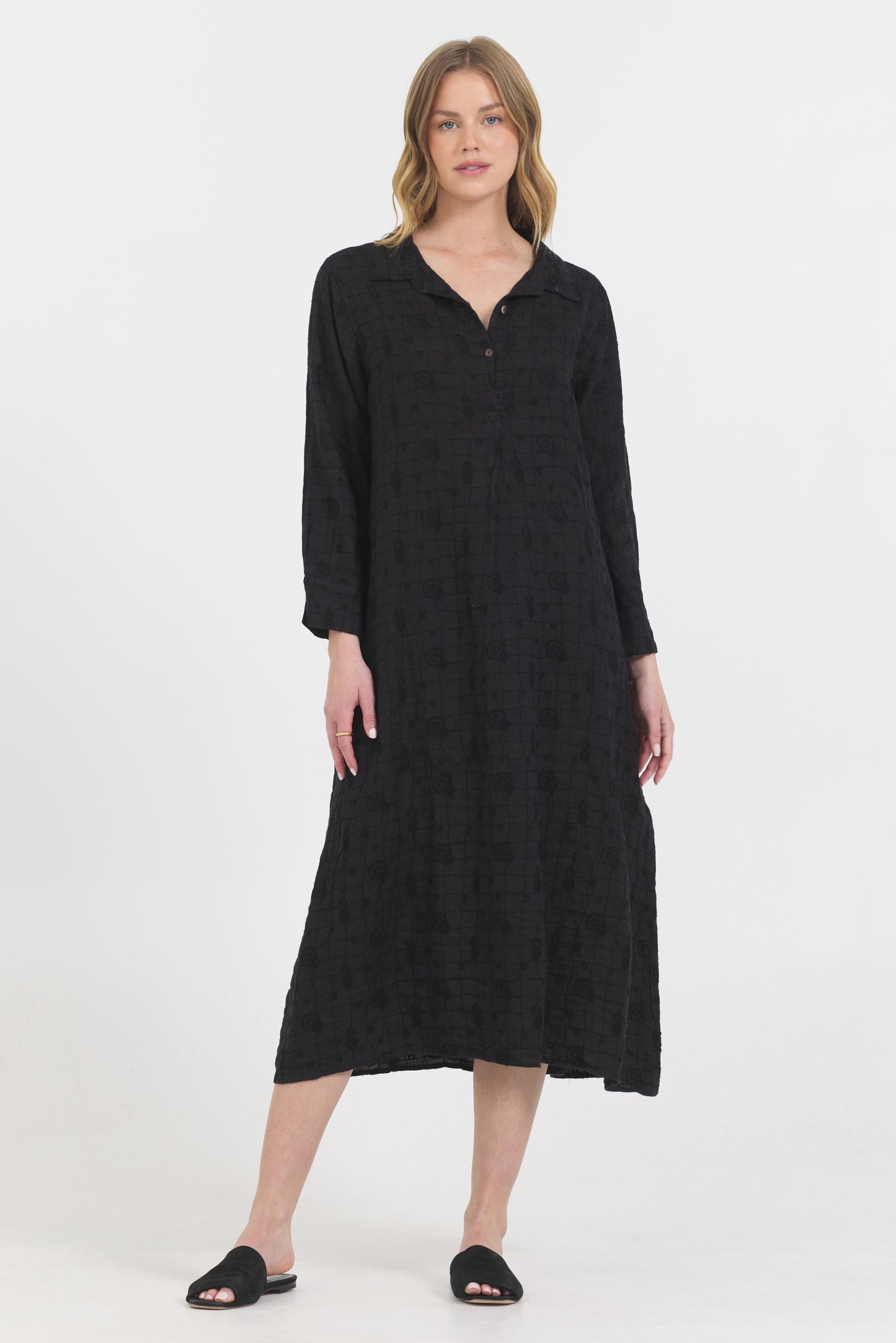 Embroidered Linen Dress - Black