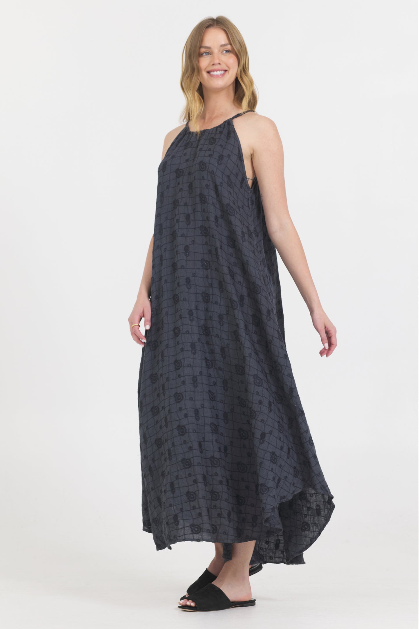 Embroidered Linen Sleeveless Dress - Caviar