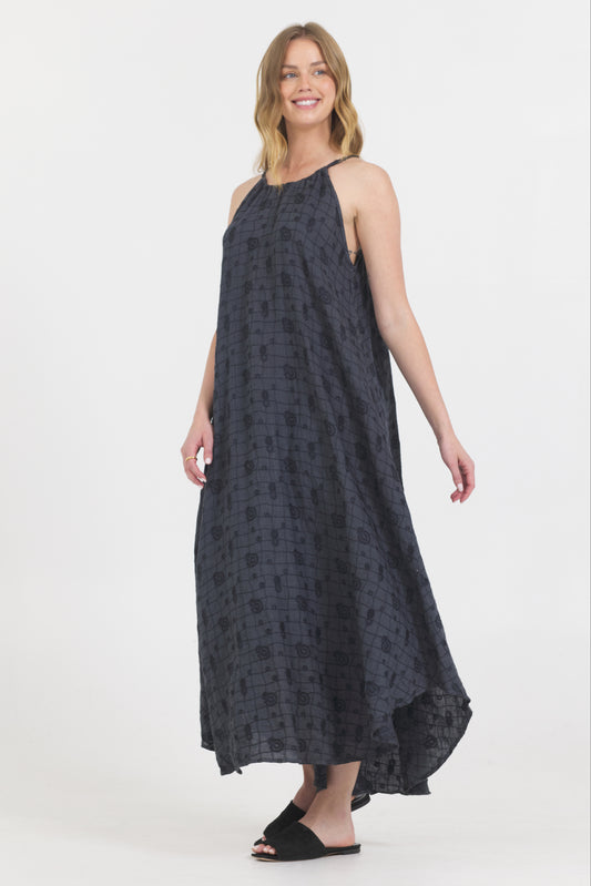 Embroidered Linen Sleeveless Dress - Caviar