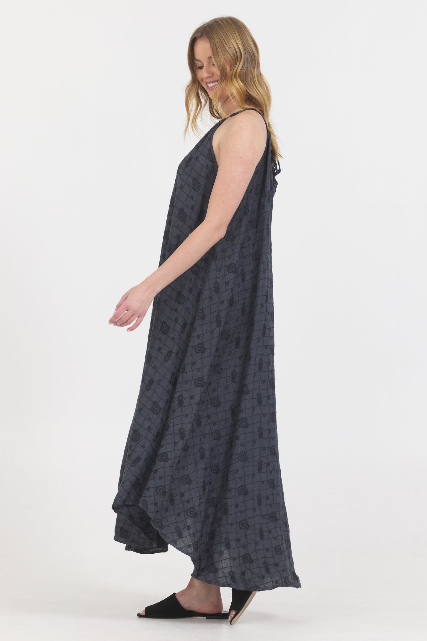 Embroidered Linen Sleeveless Dress - Caviar