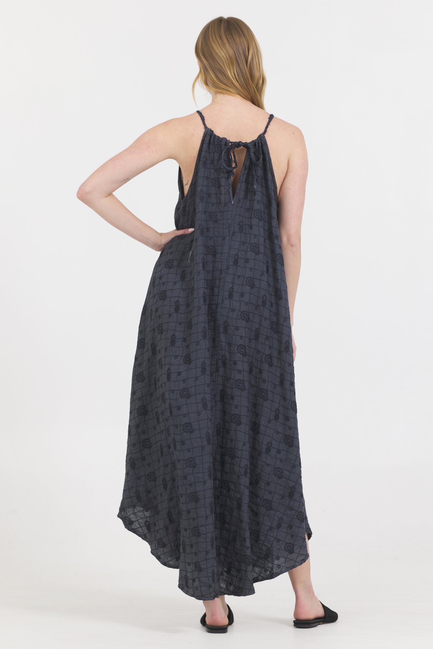 Embroidered Linen Sleeveless Dress - Caviar