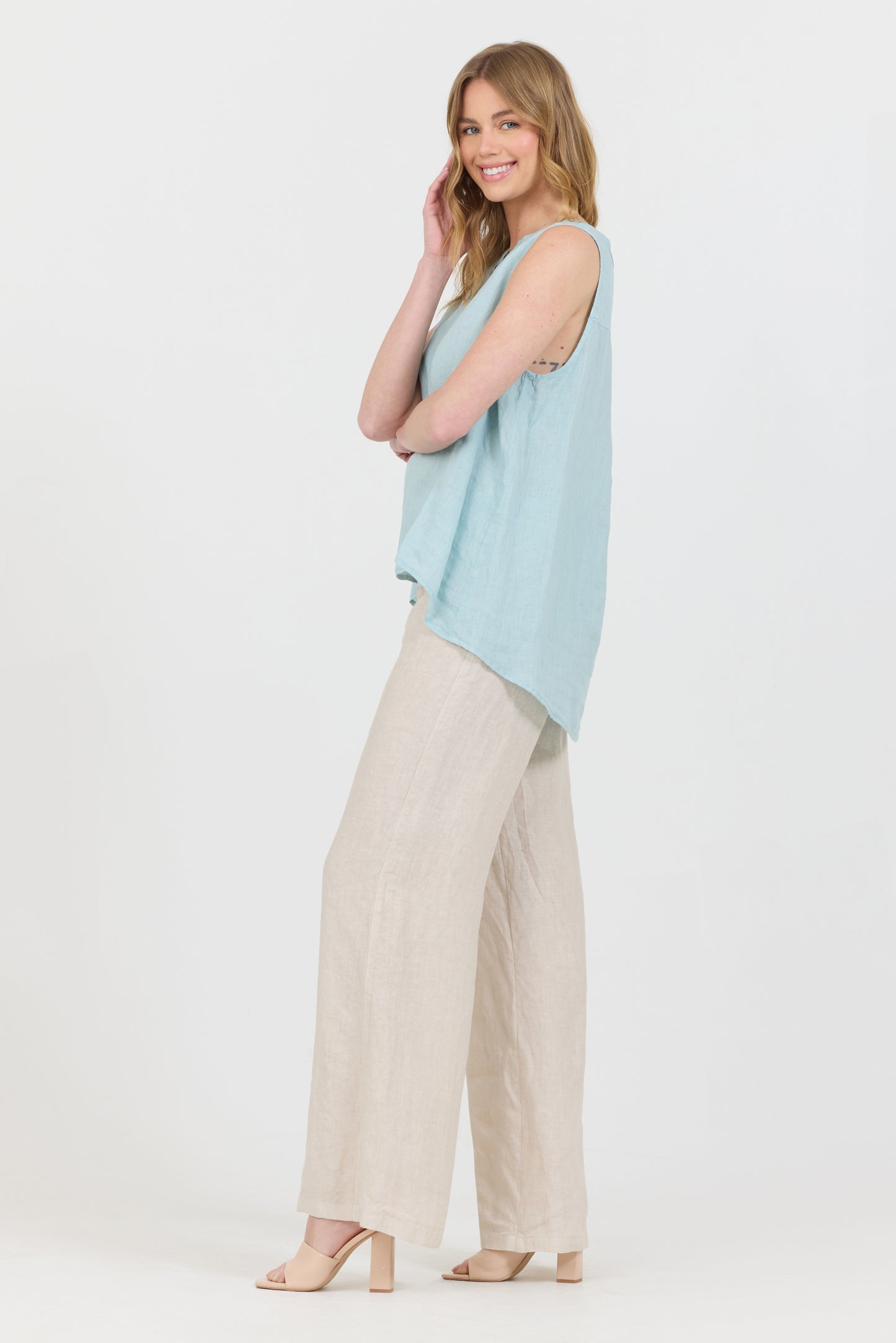 Linen V-Neck Tank - Aqua