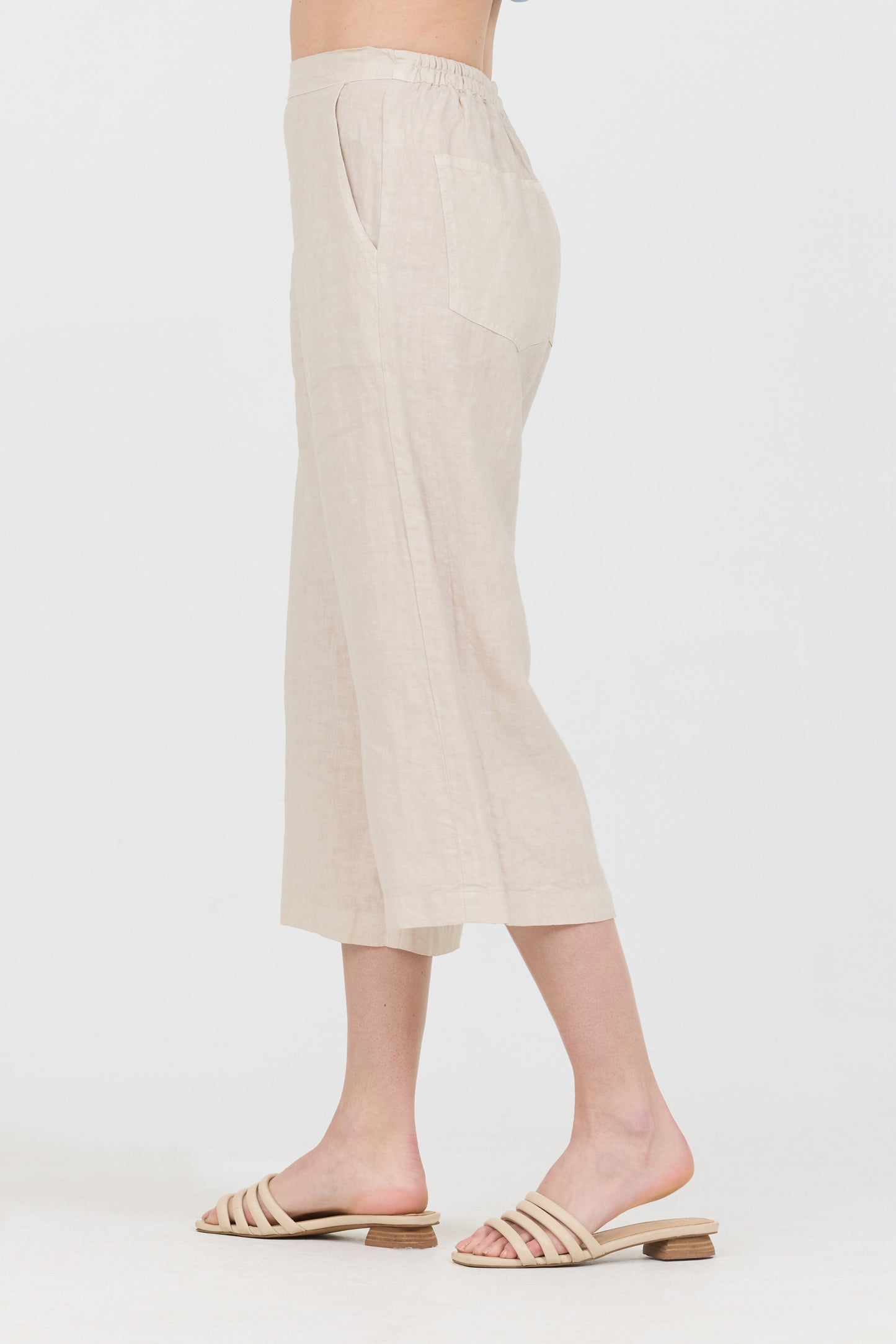 Wide Leg Cropped Linen Pants - Oatmeal