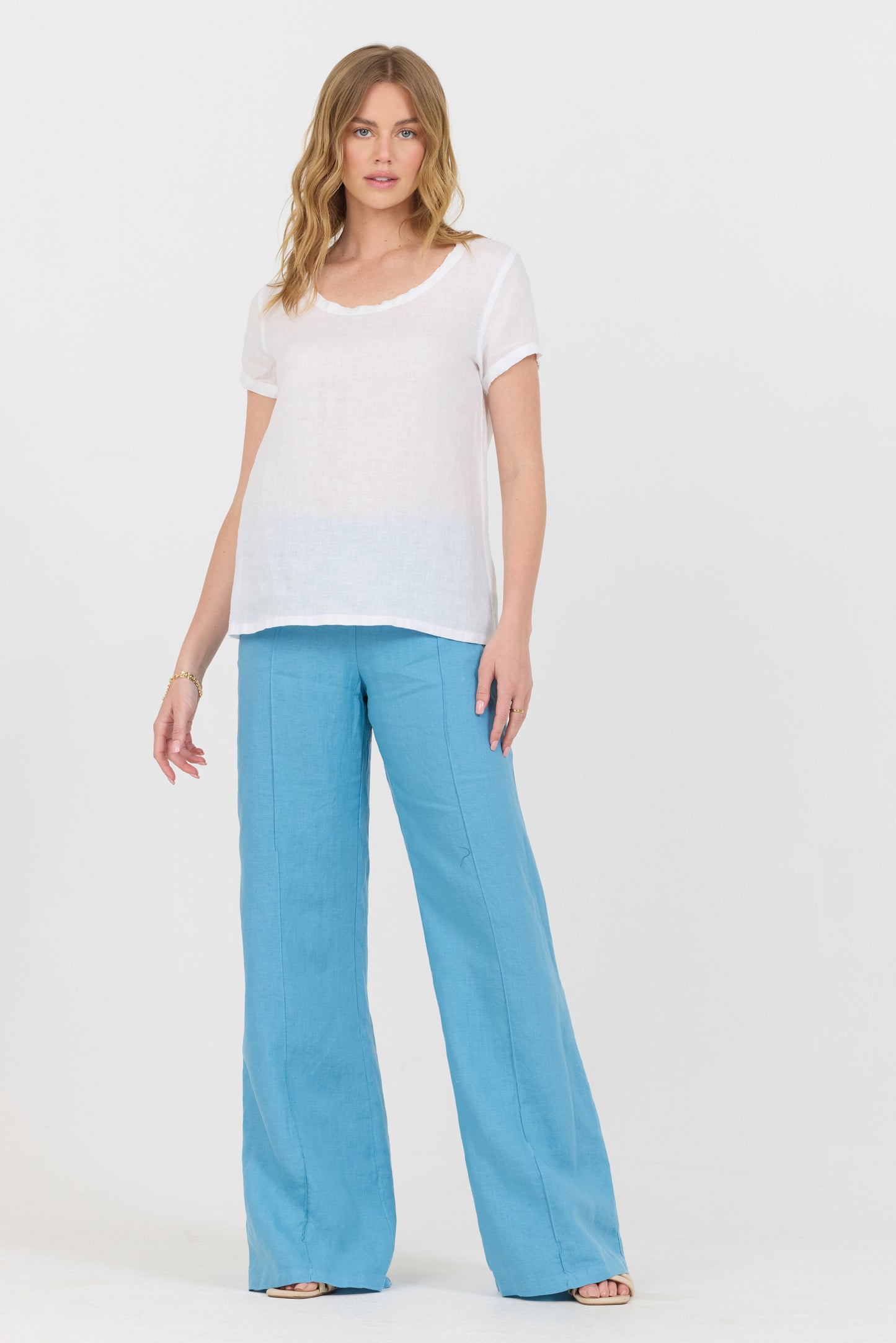 Linen Foldover Pants - Pool