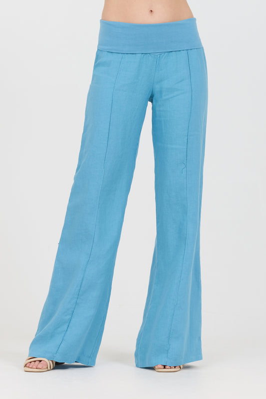 Linen Foldover Pants - Pool