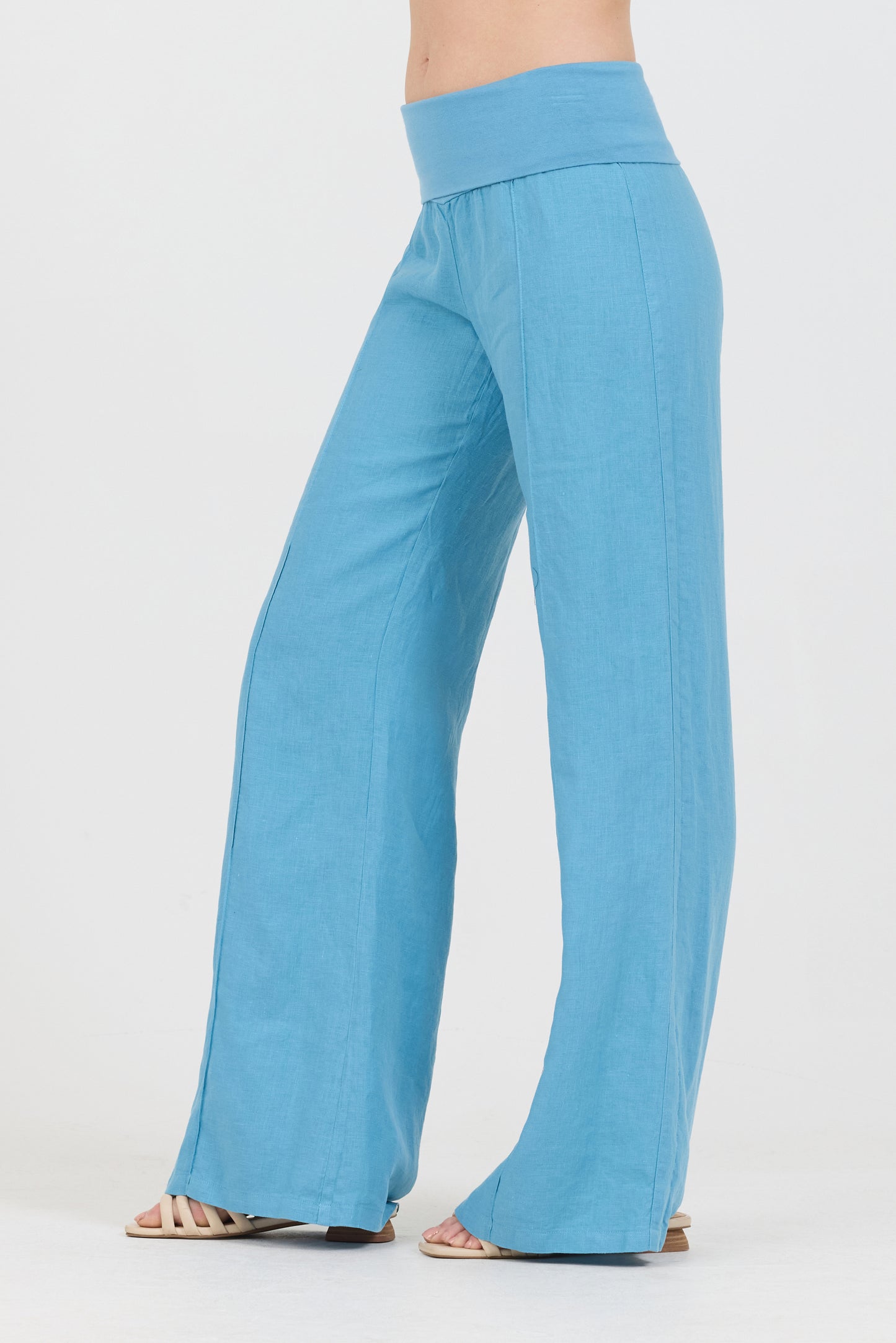 Linen Foldover Pants - Pool