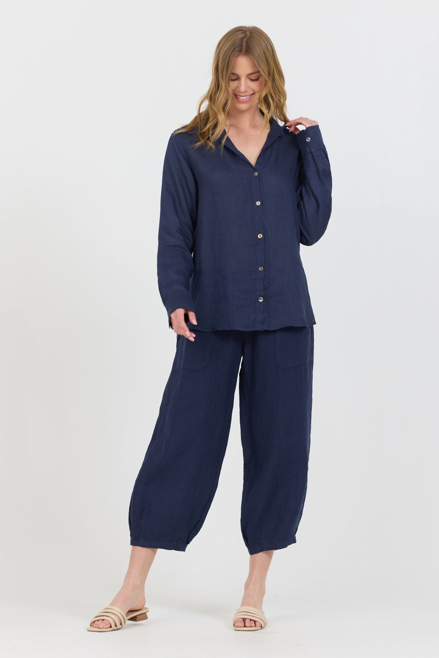 Linen Button Up Shirt - Navy