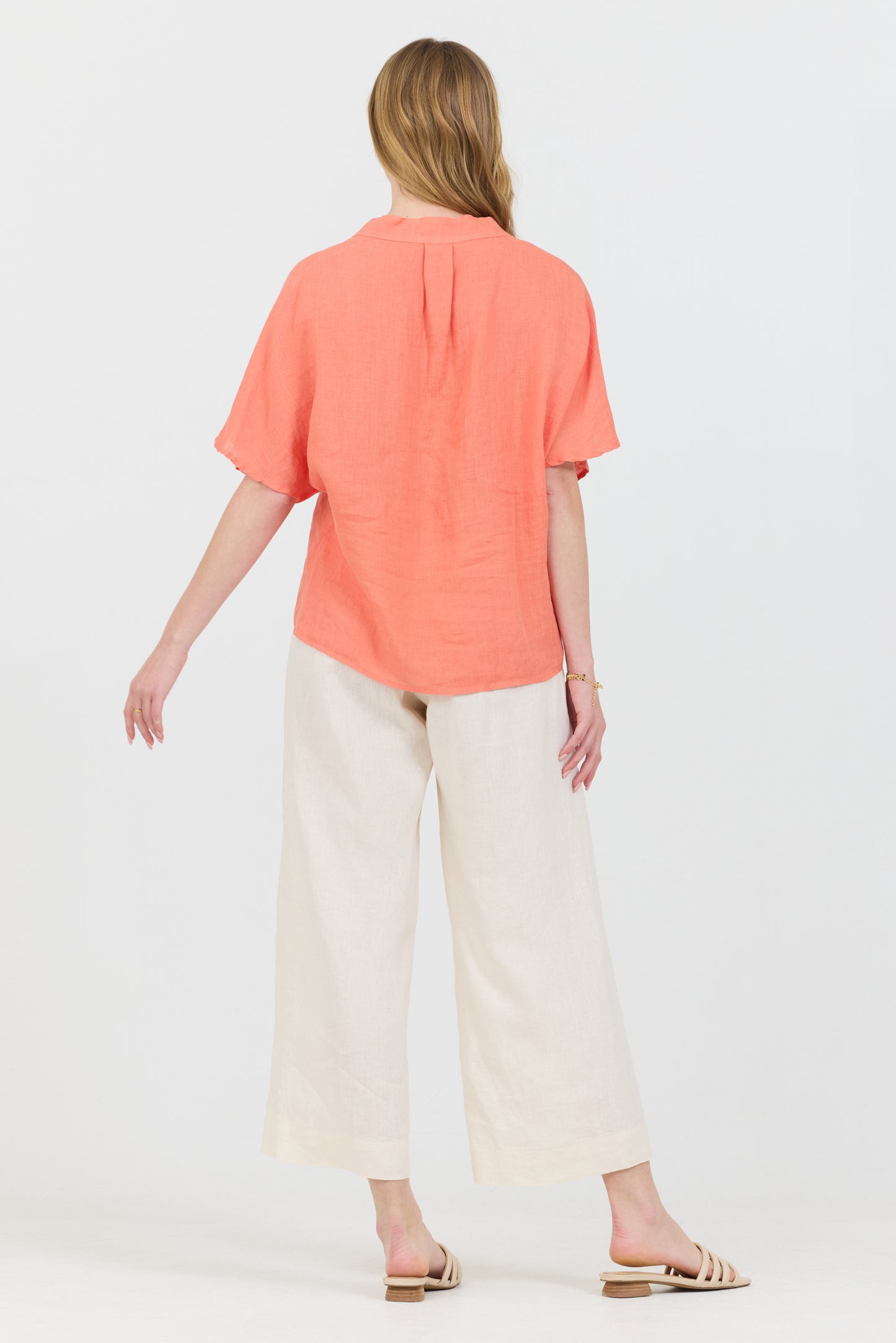 Linen V-Neck Shirt - Warm Papaya