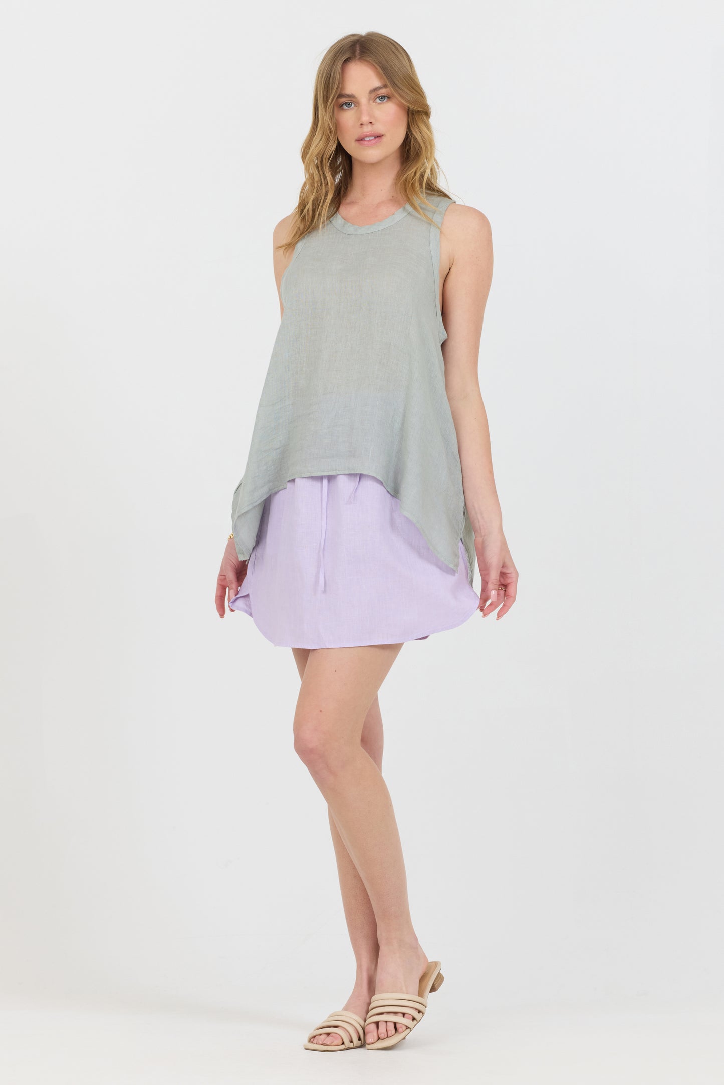 Uneven Linen Tank Top - Sage