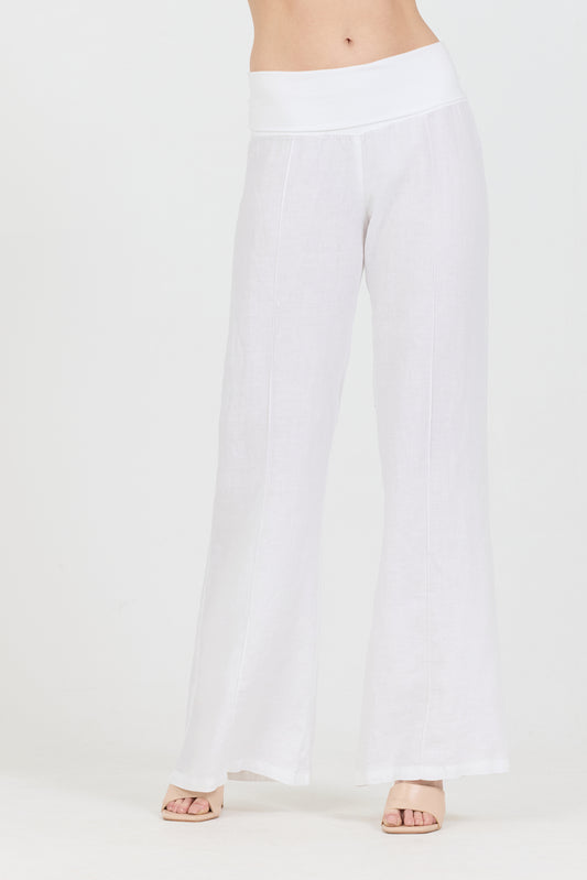 Linen Foldover Pants - White