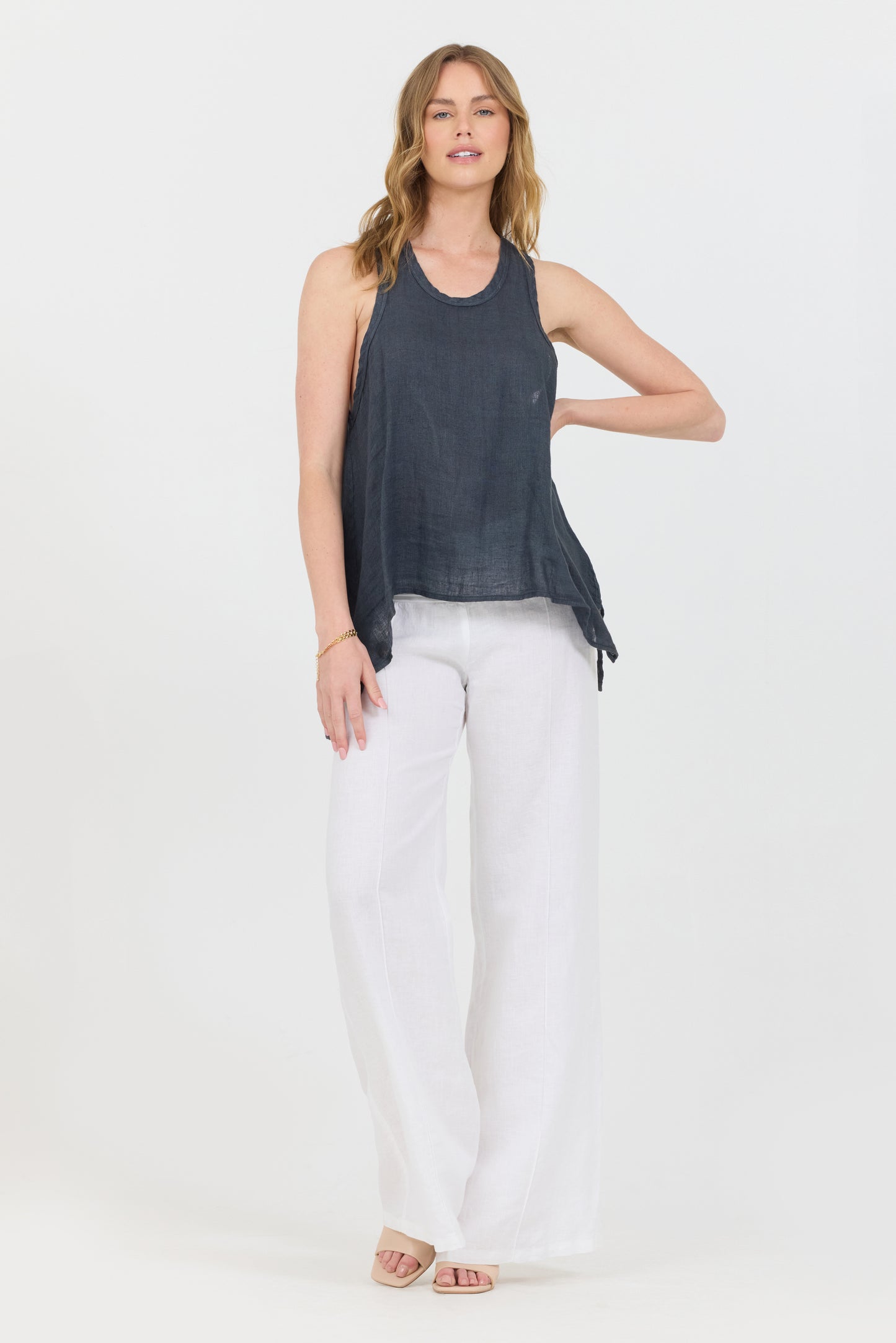 Uneven Linen Tank Top - Caviar