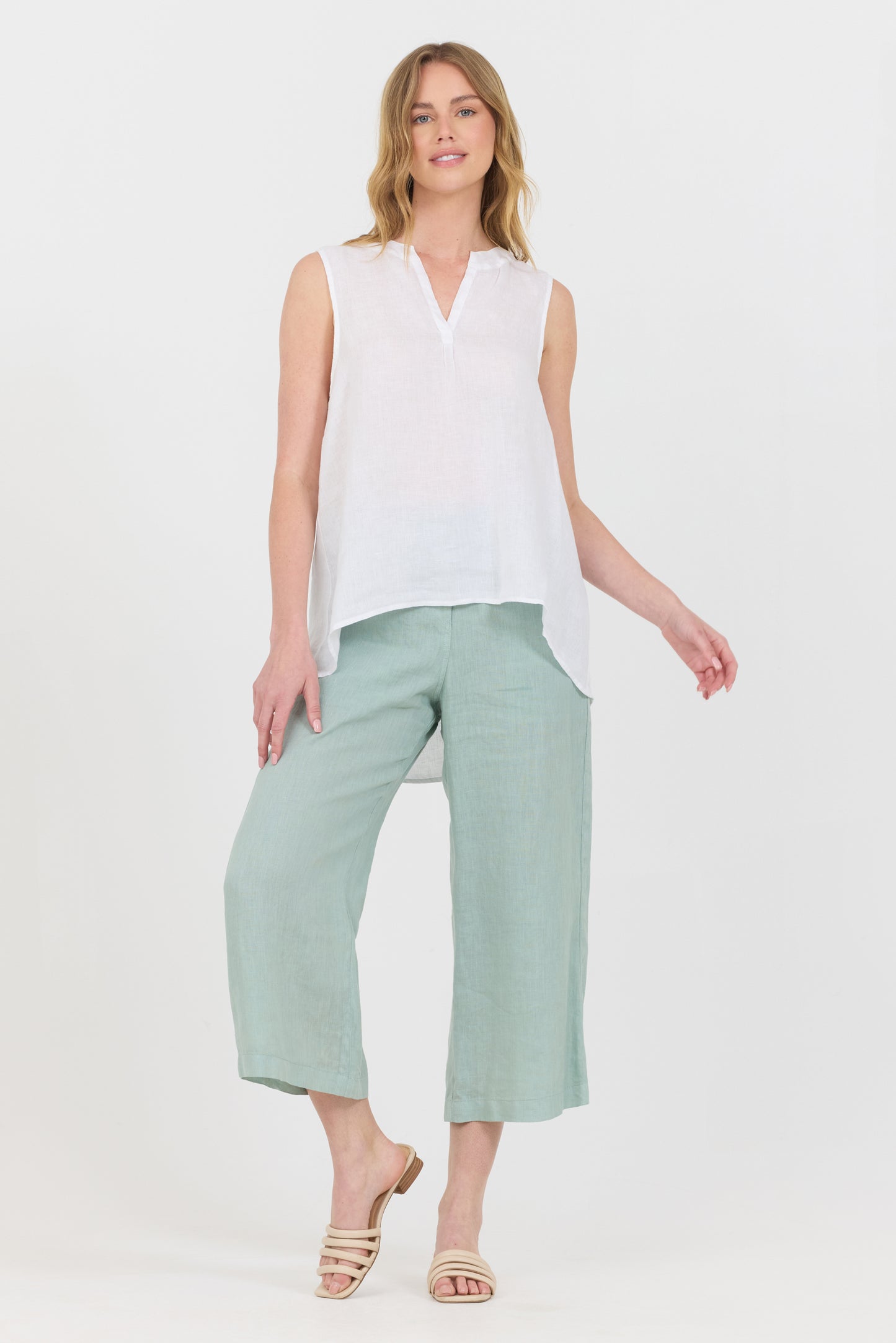 Wide Leg Cropped Linen Pants - Tiffany