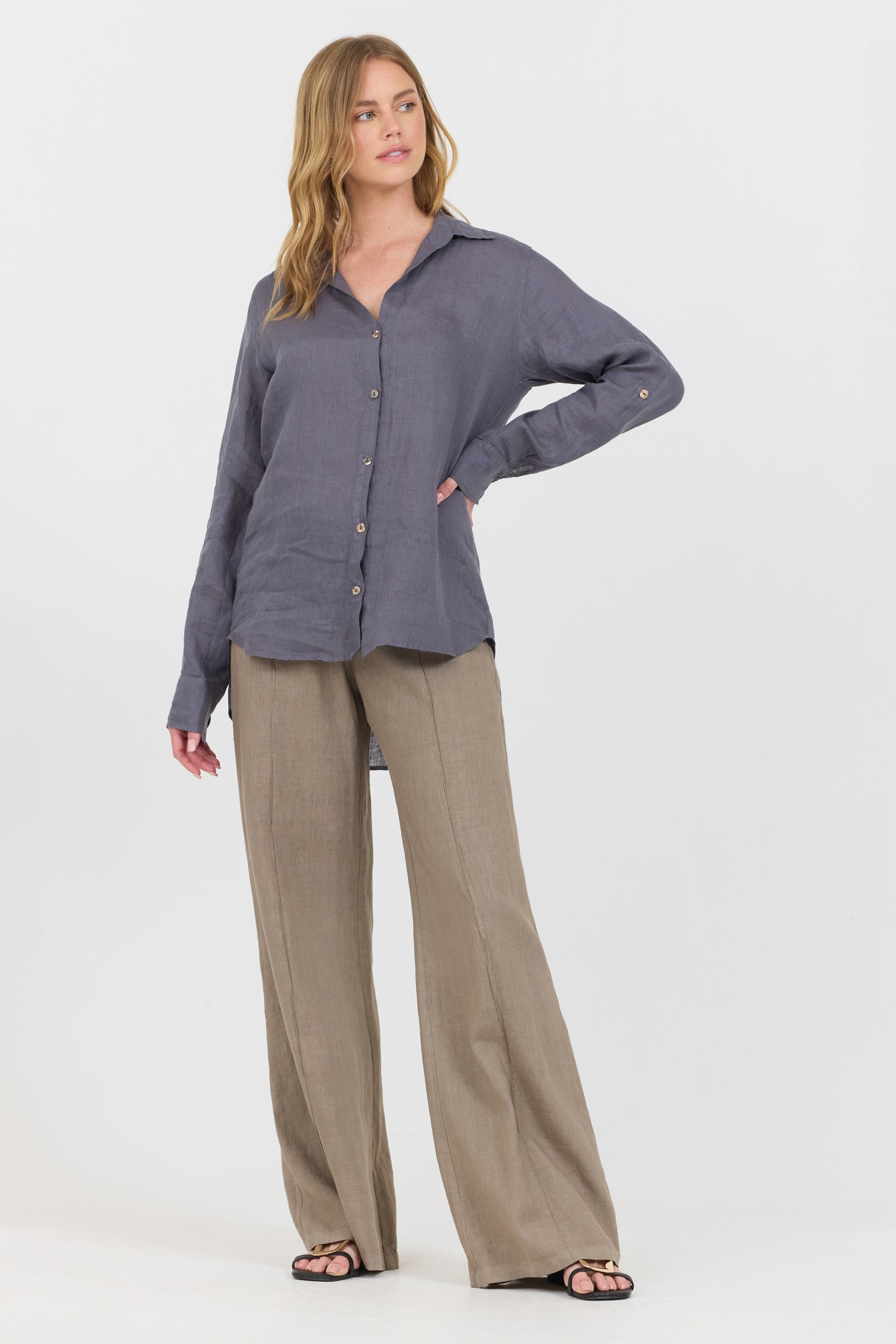 Linen Foldover Pants - Clay