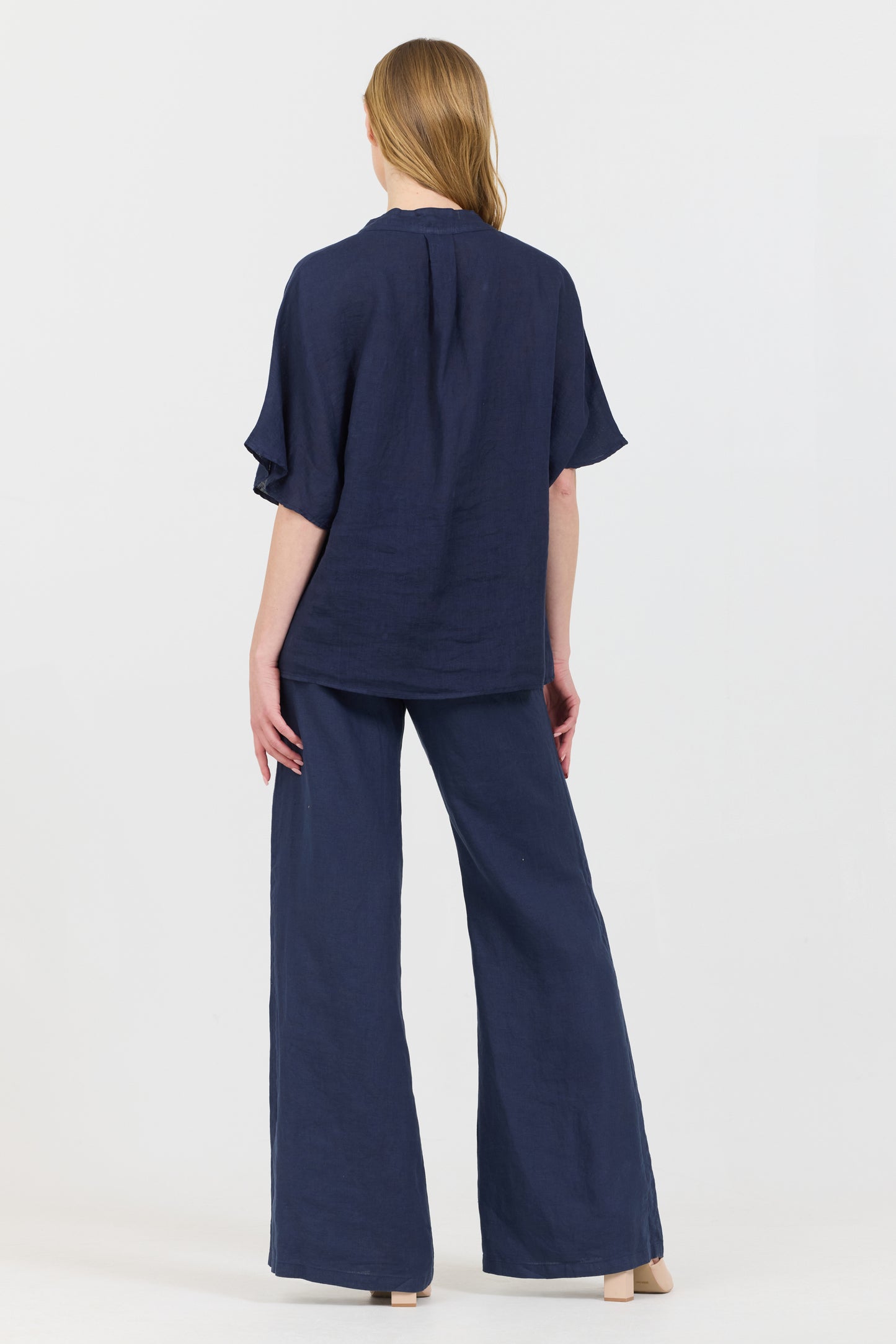 Linen V-Neck Shirt - Navy