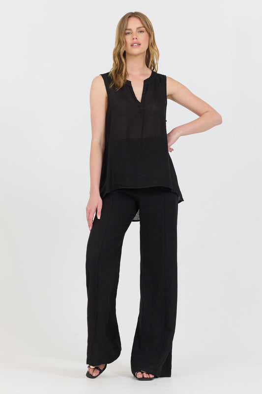 Linen V-Neck Tank - Black