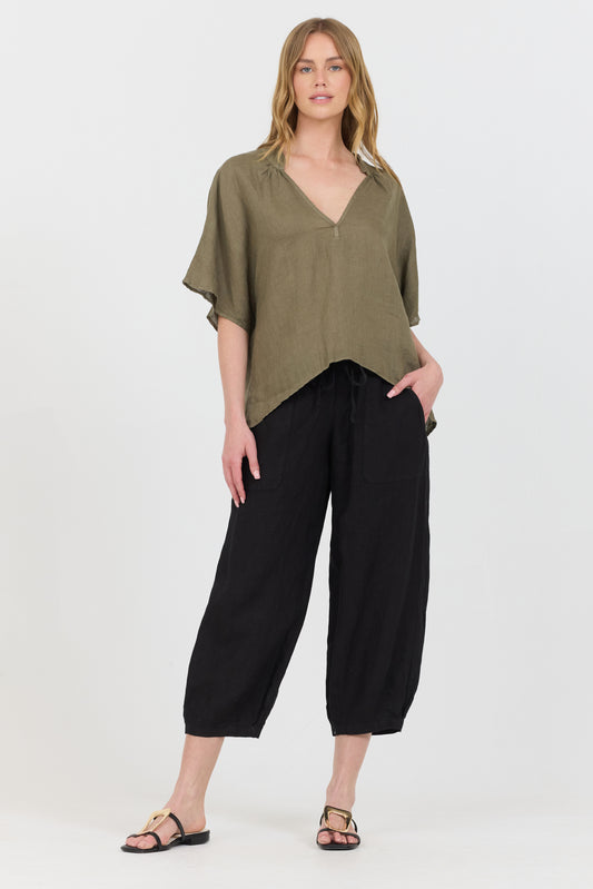 Linen V-Neck Shirt - Forest