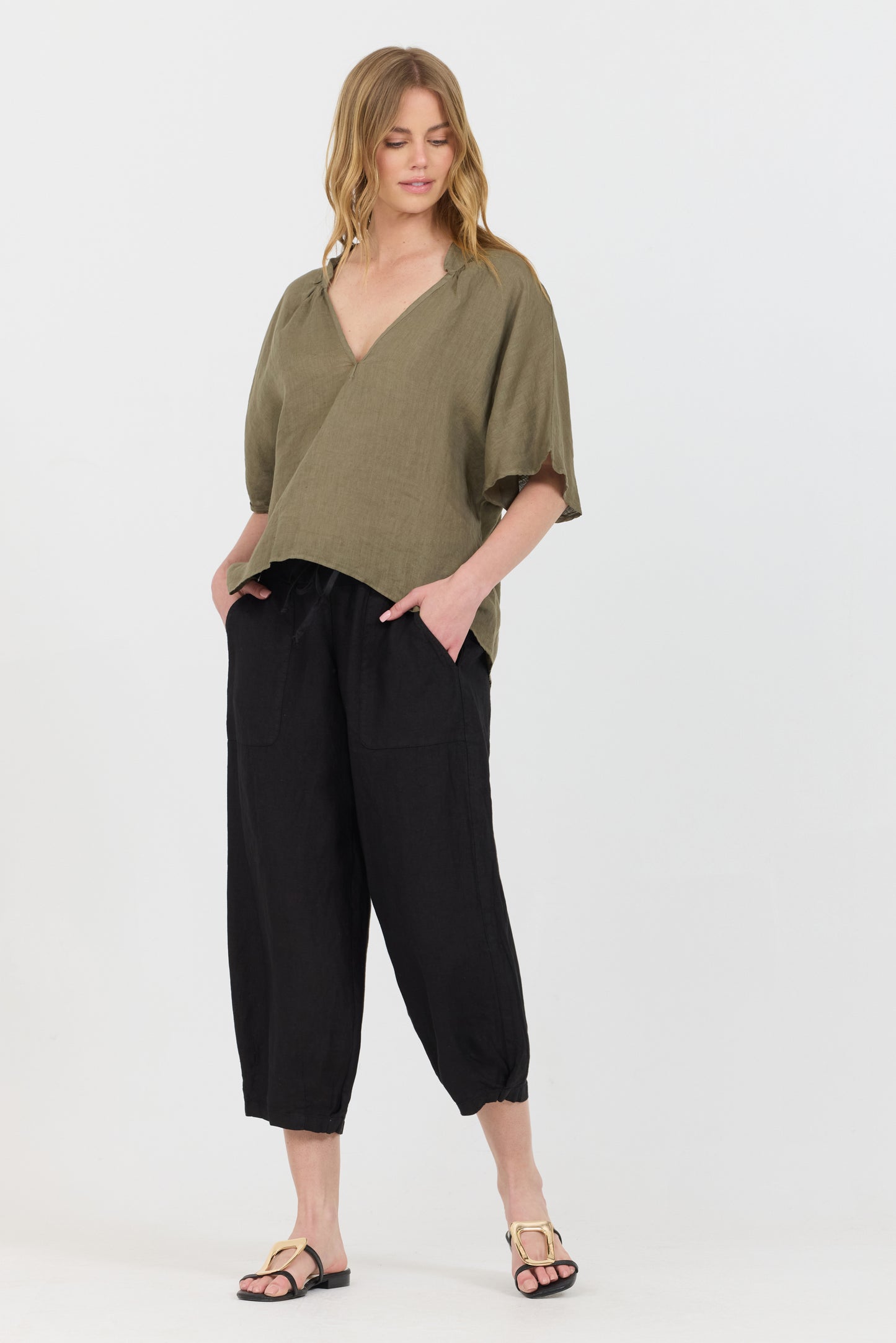 Linen V-Neck Shirt - Forest