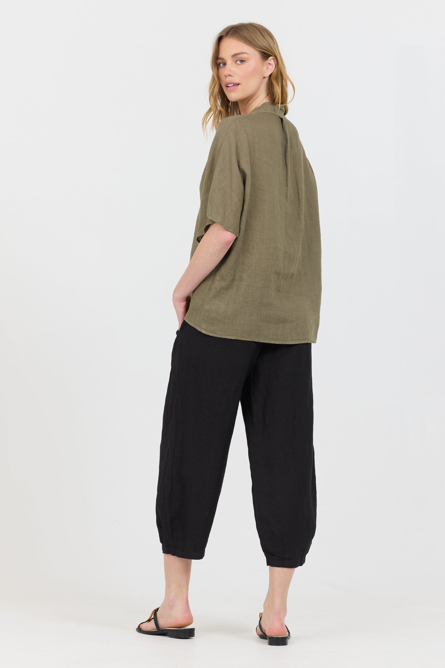 Linen V-Neck Shirt - Forest