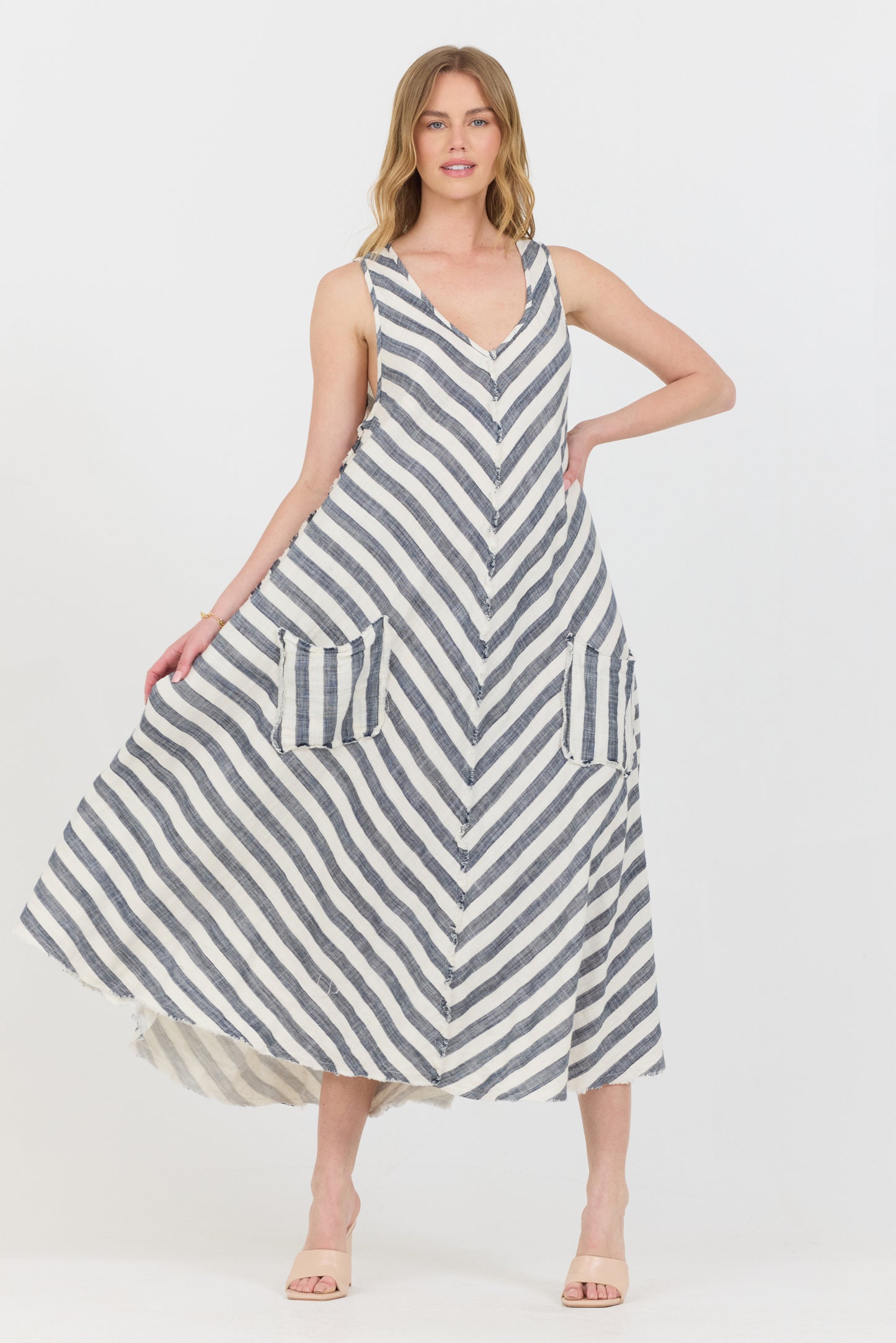 Striped Gauze V-Neck Dress - Cream