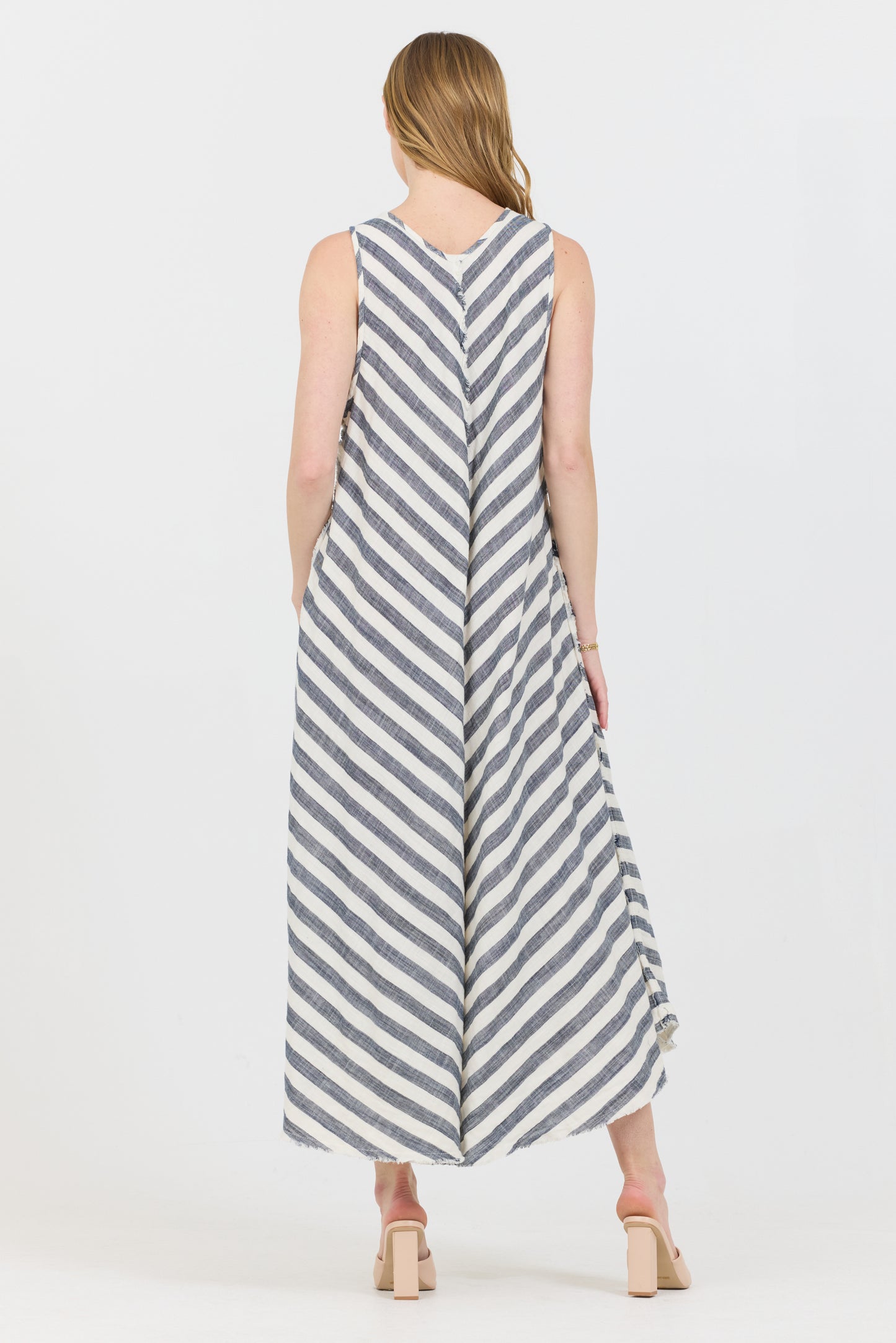 Striped Gauze V-Neck Dress - Cream