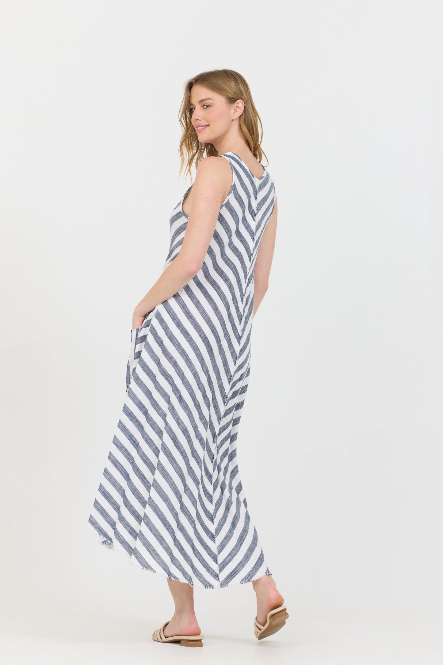 Striped Gauze V-Neck Dress - White