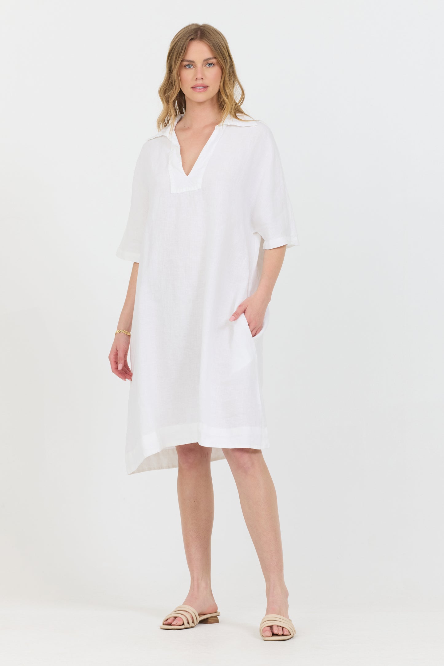 Linen Polo Dress - White