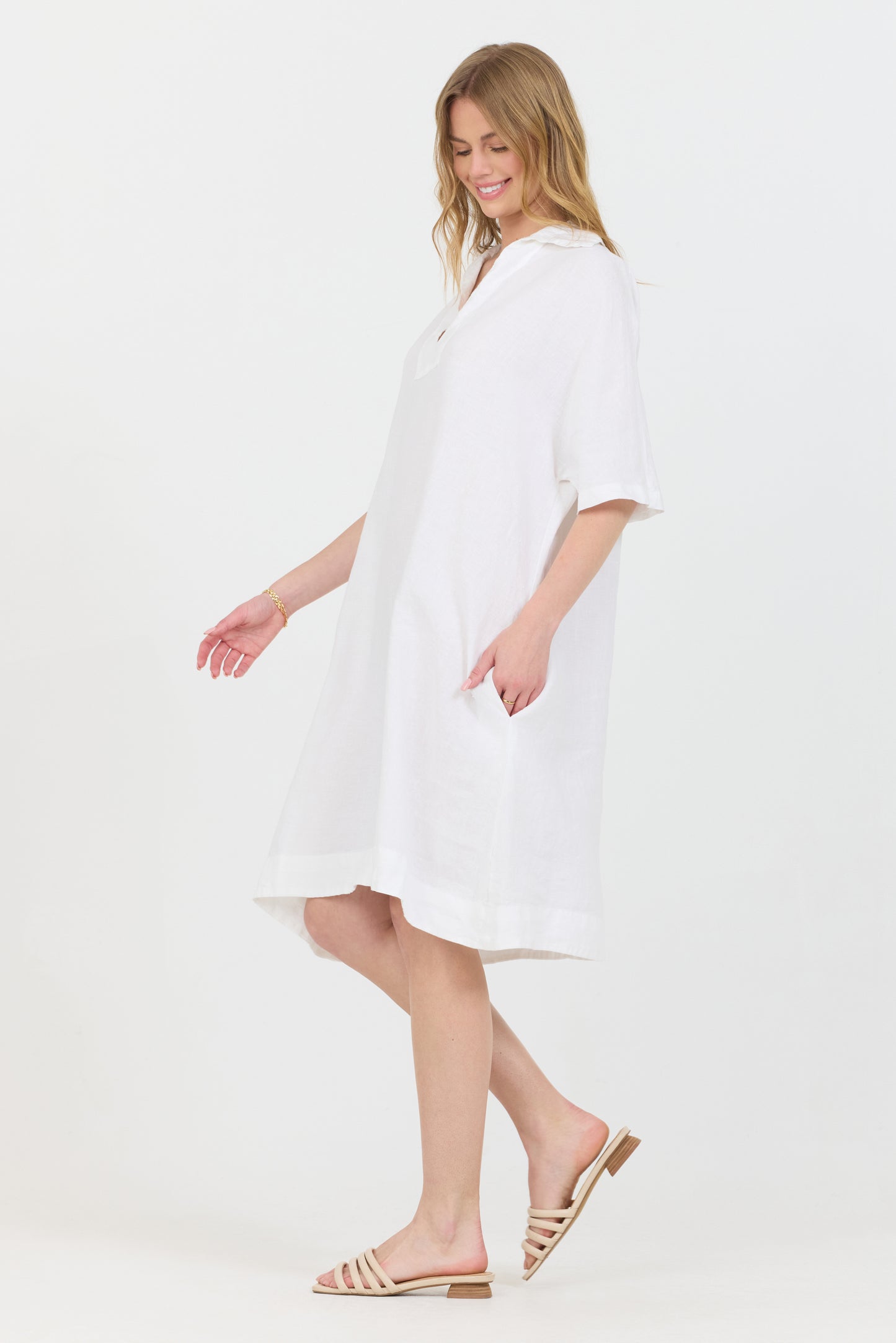 Linen Polo Dress - White