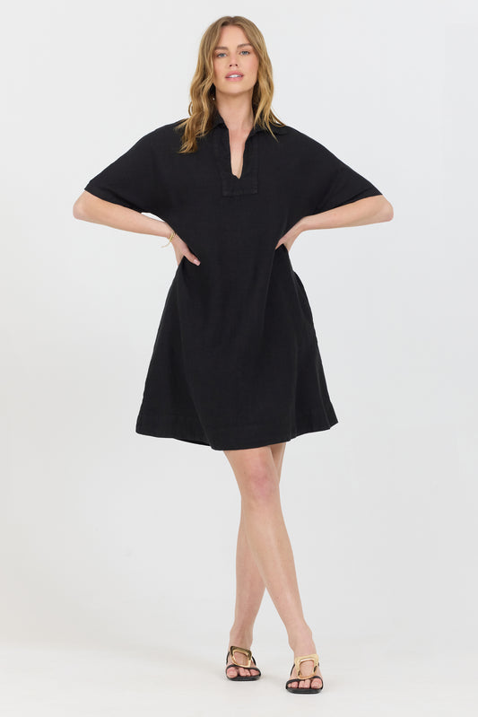 Linen Polo Dress - Black