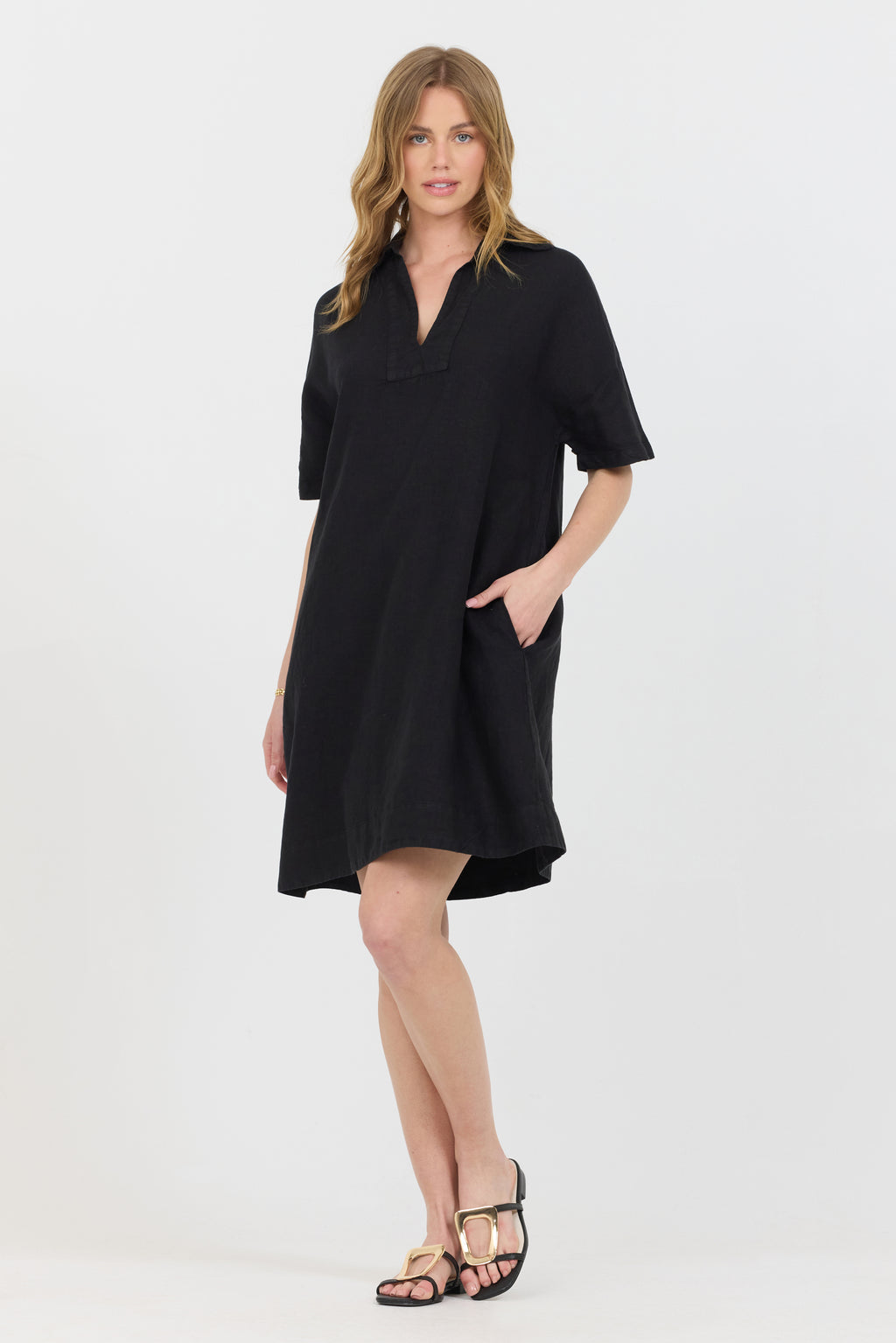 Linen Polo Dress - Black