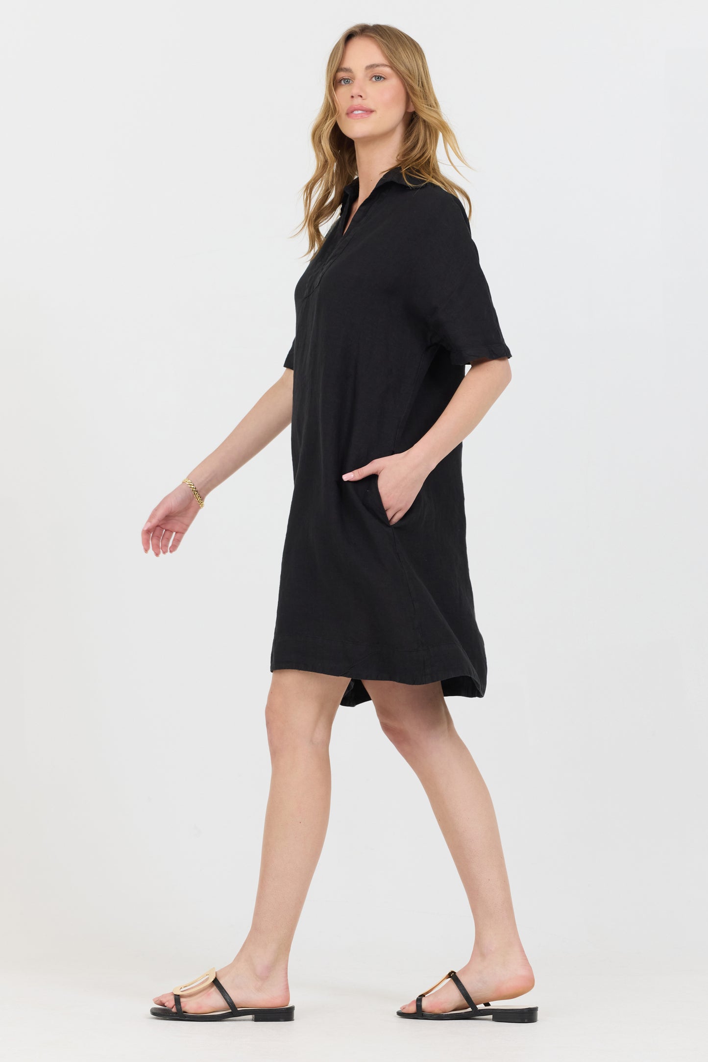 Linen Polo Dress - Black