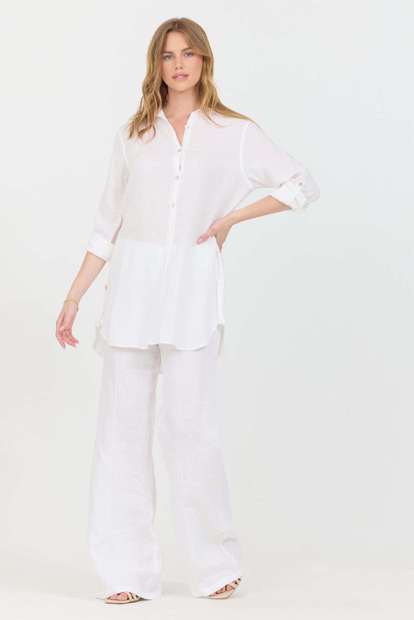 ¾ Button Down Shirt - White