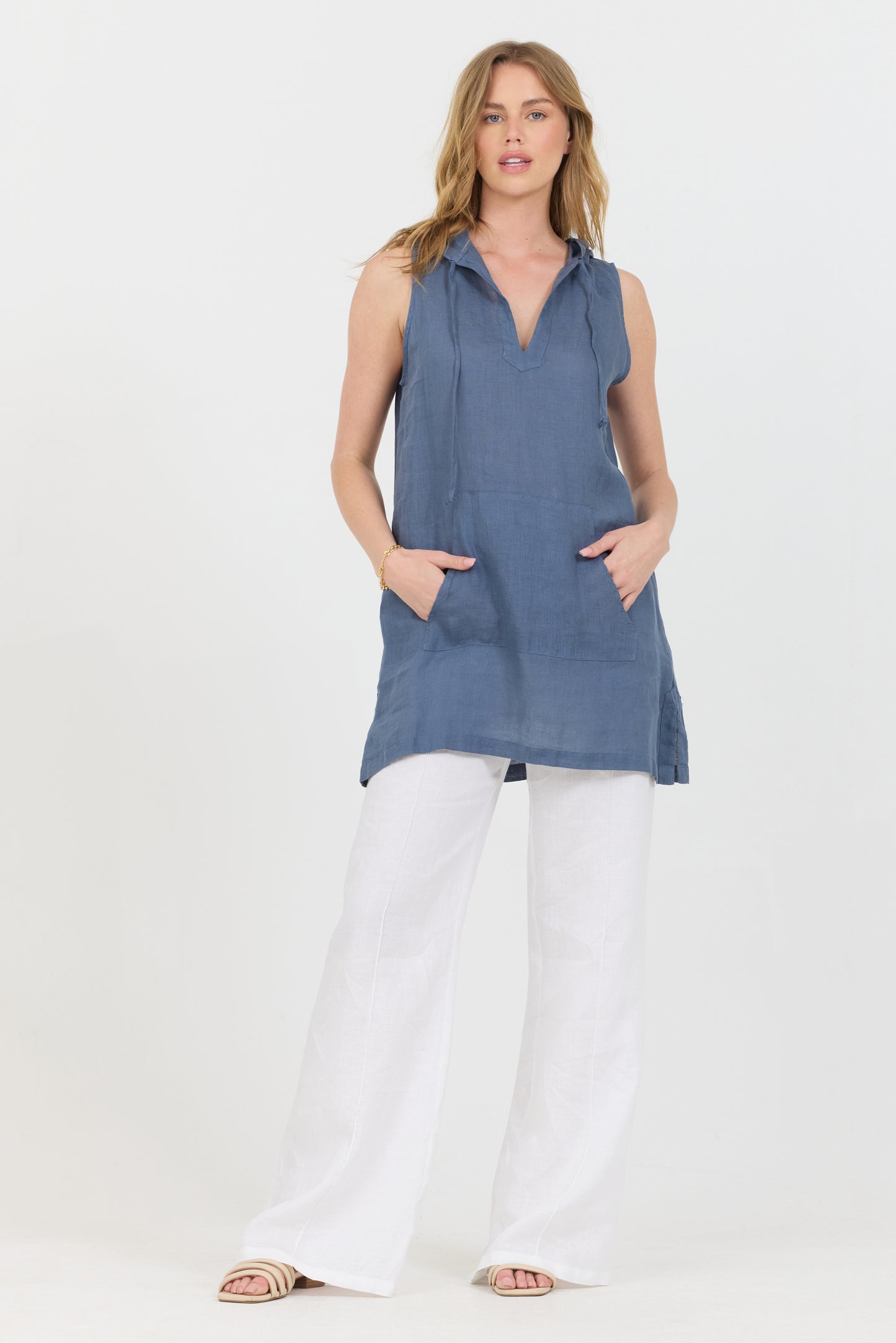 Linen Sleeveless Hoodie Tank - Deep Sea