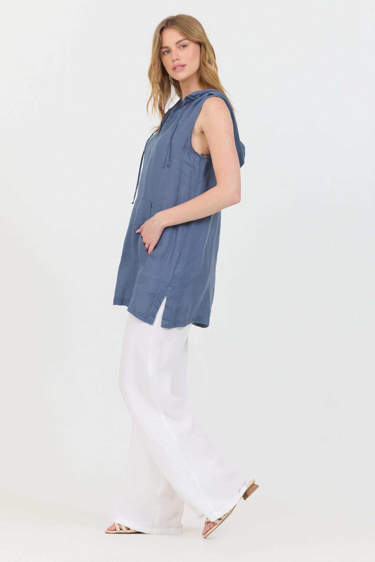 Linen Sleeveless Hoodie Tank - Deep Sea