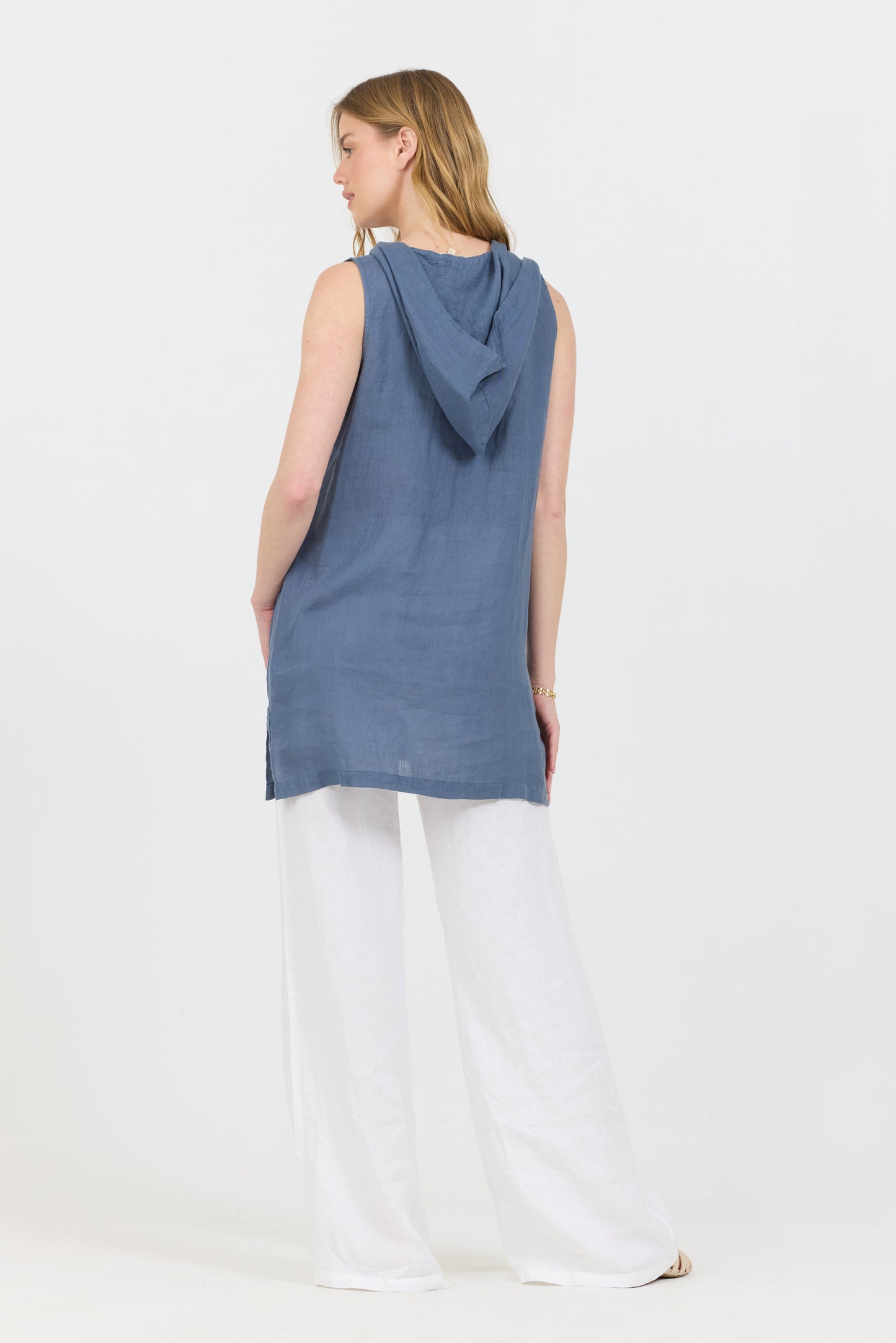 Linen Sleeveless Hoodie Tank - Deep Sea