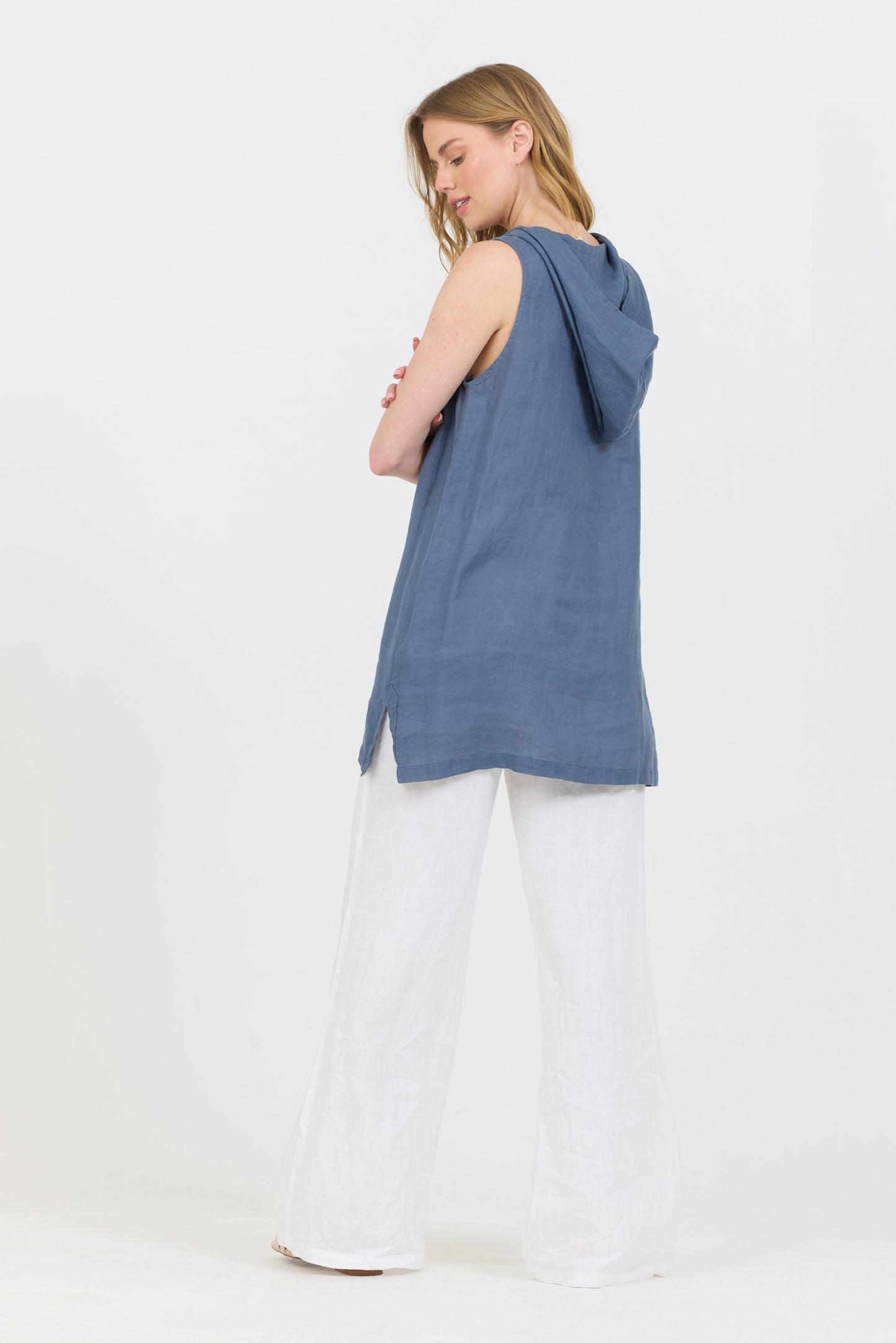 Linen Sleeveless Hoodie Tank - Deep Sea