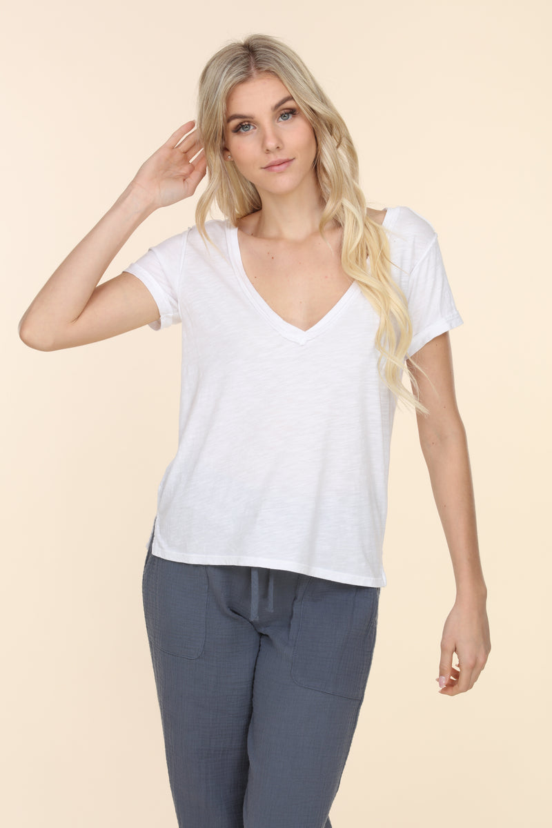 V-Neck Tee with Rolled Sleeves - White