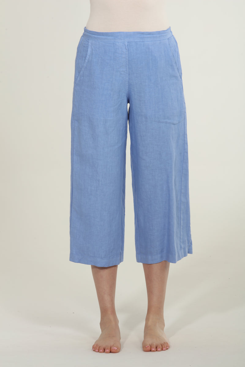 Wide Leg Cropped Linen Pants - Sky Blue