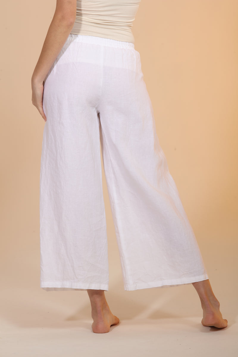 Wide Leg Cropped Linen Pants - White