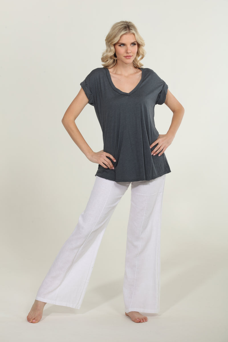 V-Neck Tee with Rolled Sleeves - Caviar