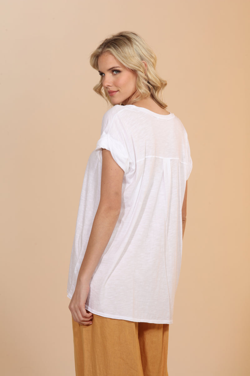 V-Neck Tee with Rolled Sleeves - White